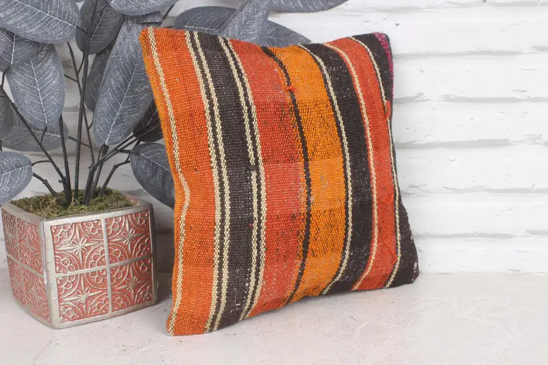 Handmade Kilim Cushion, Southwestern Pillow Cover, 12x12 Orange Cushion, Kilim Cushion Sham, Armchair Pillow Sham, Pillow Case, Pillow for Sofa - 4