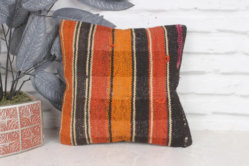 Handmade Kilim Cushion, Southwestern Pillow Cover, 12x12 Orange Cushion, Kilim Cushion Sham, Armchair Pillow Sham, Pillow Case, Pillow for Sofa - 1