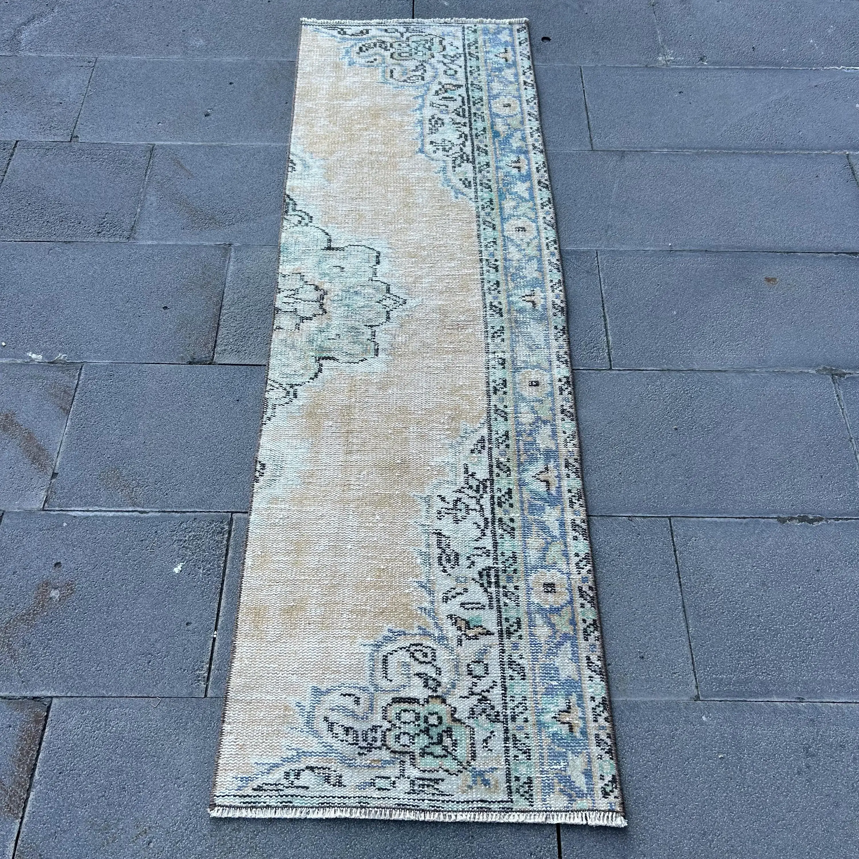 1.8x5.9 ft Turkish Rug, Vintage Runner Rug, Blue White Polka dot Wool Rug - 1