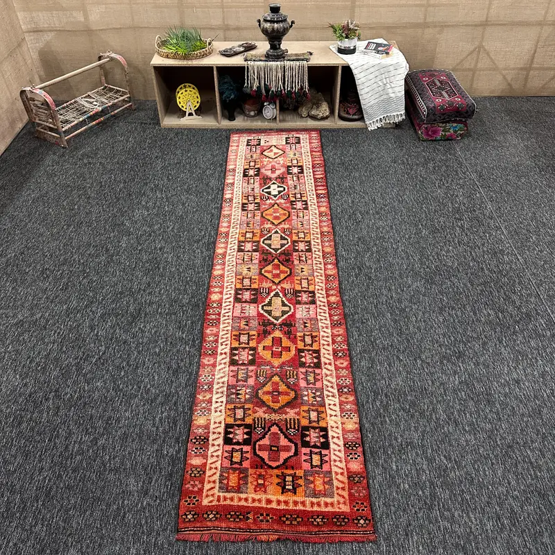 2.4x10.5 ft Runner Turkish Rug, Vintage Rug, Red Black Geometric Wool Rug - 1