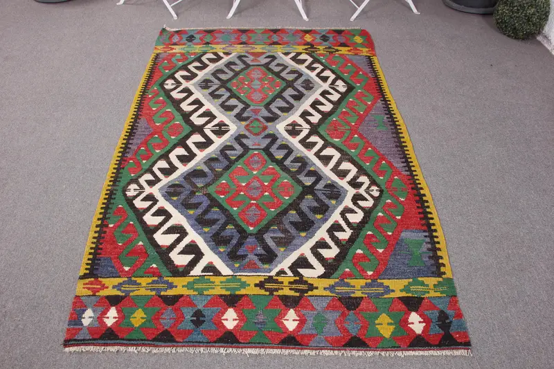 Handmade Purple & Green Rug, 3,6x5,7 ft Botanical Design