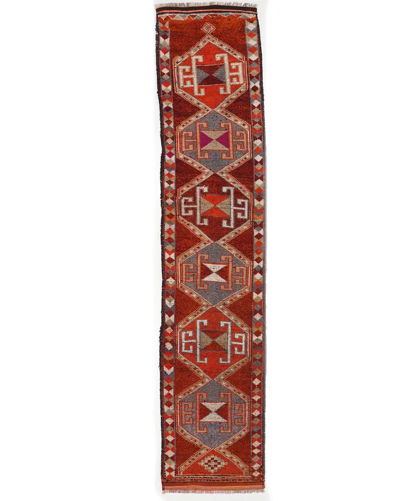 Turuncu ve Mavi Halı, 2,6x11,9 ft Çizgili Geometrik Tasarım