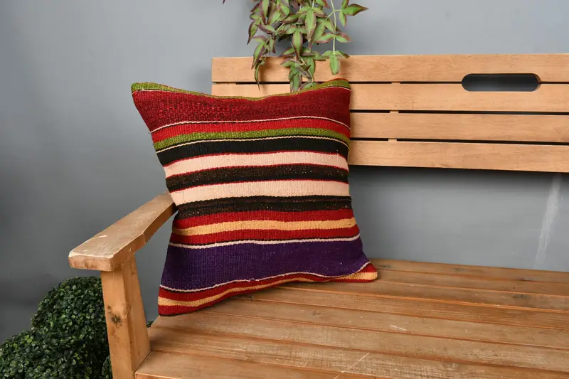 Vintage Kilim Pillow, Interior Designer Pillow, Pillow Sham, 18x18 Purple Cushion Case, Sofa Pillow Cover, Kilim Pillow, Authentic Pillow - 1
