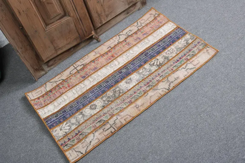1.8x3.1 ft Türk Oushak Halısı, Mavi Patchwork Vintage Yün Halı - 1