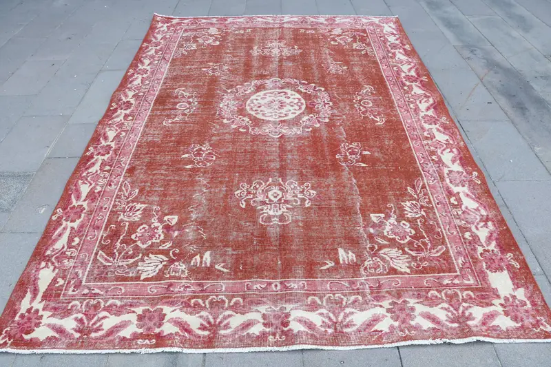 6.2x9.3 ft Rug, Turkish Vintage Rug, Red White Patchwork Wool Rug - 1