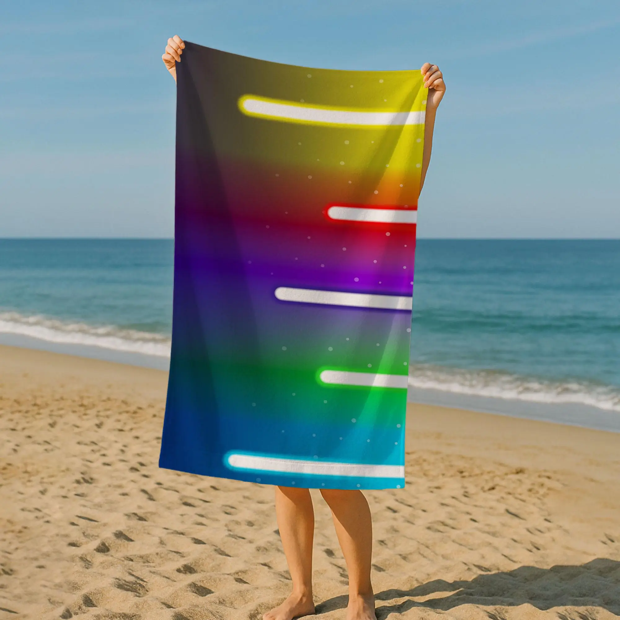 Rainbow Glow Beach Towel Black Neon Stripes, Polyester Cotton, 28x53 Inches - 1