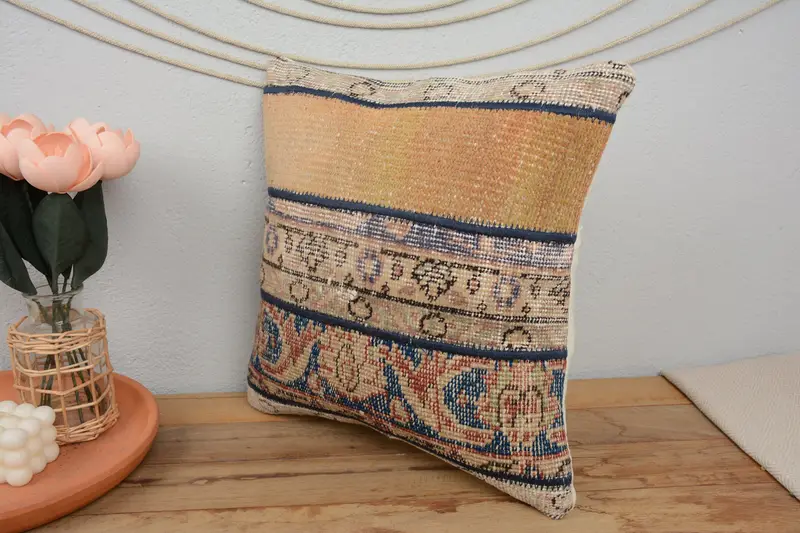 Sofa Bolster Cushion, Turkish Pillow, Pillow for Sofa, Pillow Case, Ottoman Cushion Case, Kilim Pillow Cover, 16x16 Blue Pillow - 4