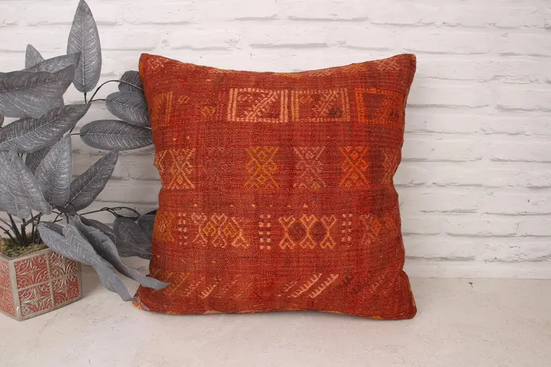Turkish Kilim Pillow, Handmade Kilim Cushion, Ethnical Kilim Rug Pillow, 20x20 Red Cushion Cover, Pillow Case, Tapestry Pillow Case - 1