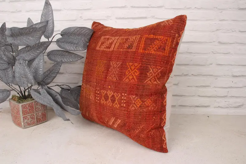 Turkish Kilim Pillow, Handmade Kilim Cushion, Ethnical Kilim Rug Pillow, 20x20 Red Cushion Cover, Pillow Case, Tapestry Pillow Case - 4