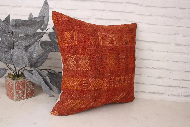 Turkish Kilim Pillow, Handmade Kilim Cushion, Ethnical Kilim Rug Pillow, 20x20 Red Cushion Cover, Pillow Case, Tapestry Pillow Case - 3