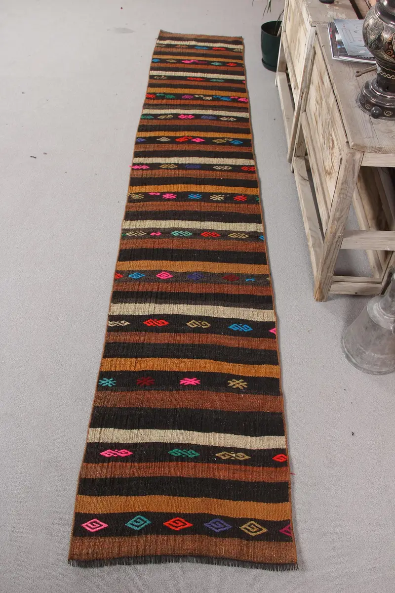 Black and Orange Rug, 1,8x10,2 ft Floral Geometric Design