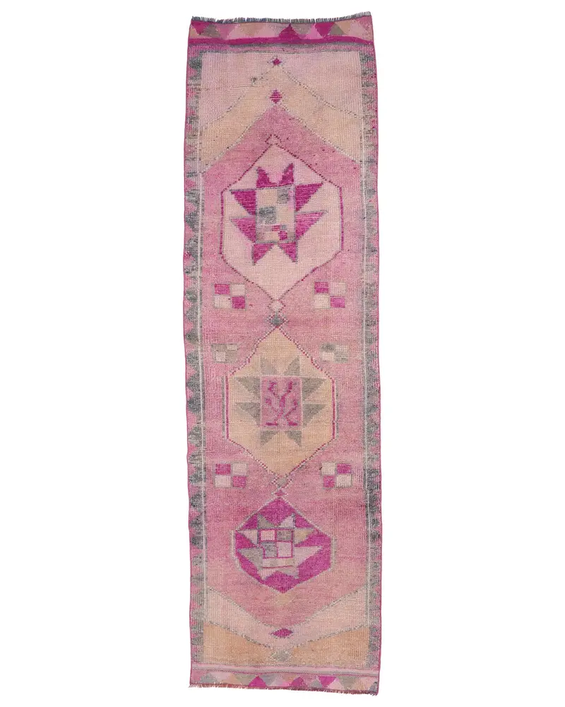 エレガントなピンクのオリエンタルラグ、3x10.5フィート、グリーンアクセント付き