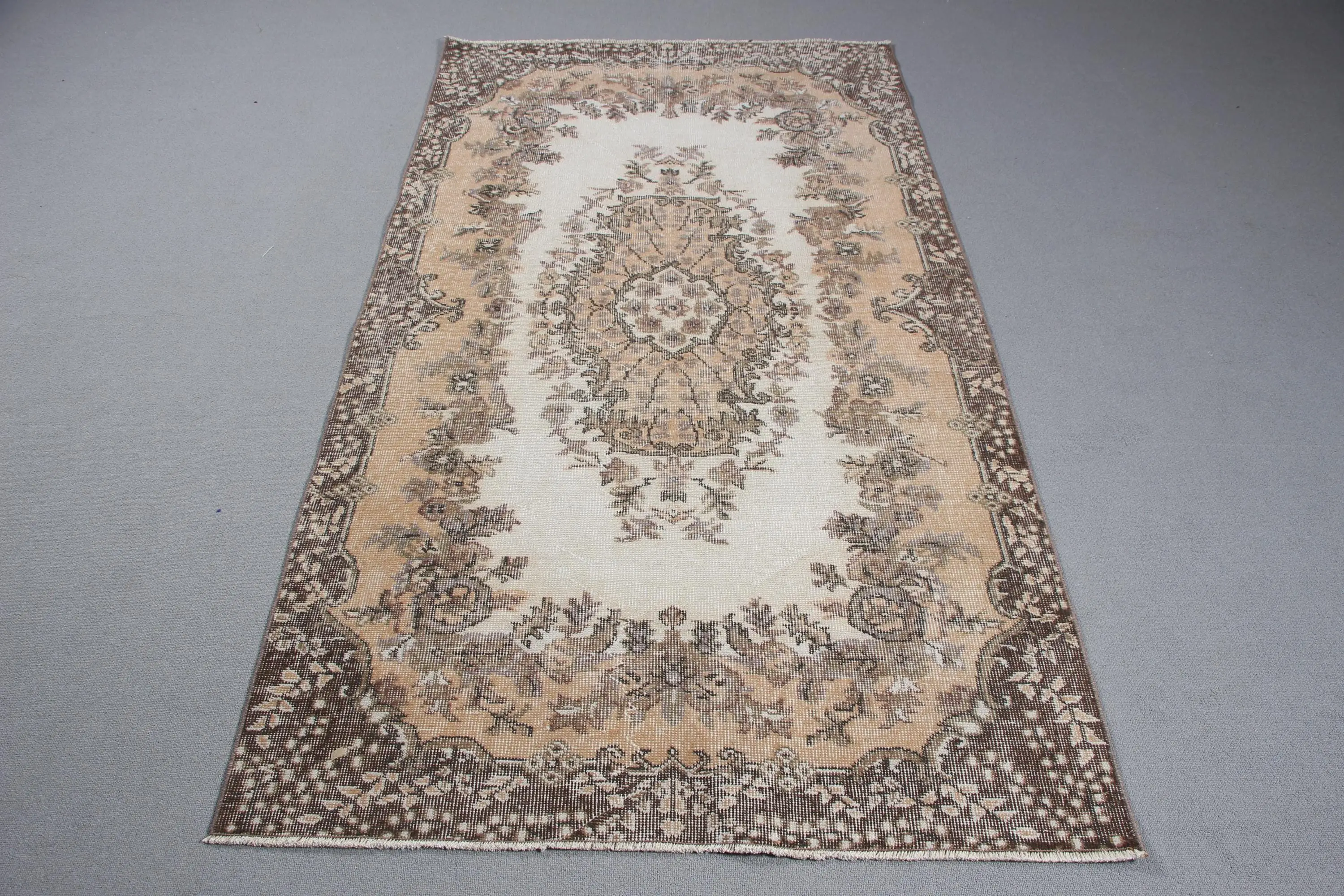 Turkish Vintage Rug, 3.7x6.8 ft Rug, Brown White Animal Print Wool Rug - 1