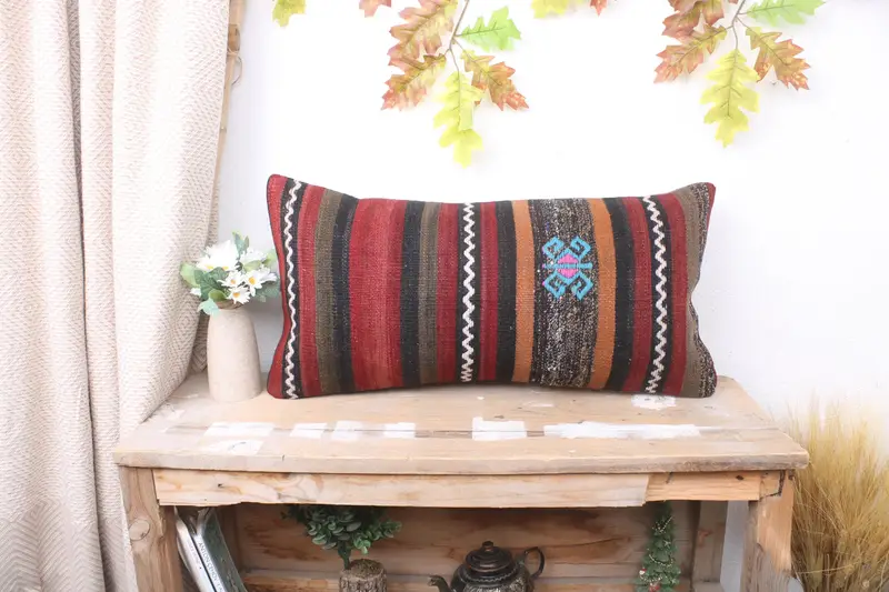 Handmade Cushion, Vintage Kilim Throw Pillow, Ethnical Kilim Rug Pillow, Interior Designer Pillow, 12x24 Red Pillow Cover, Cushion Cover - 1