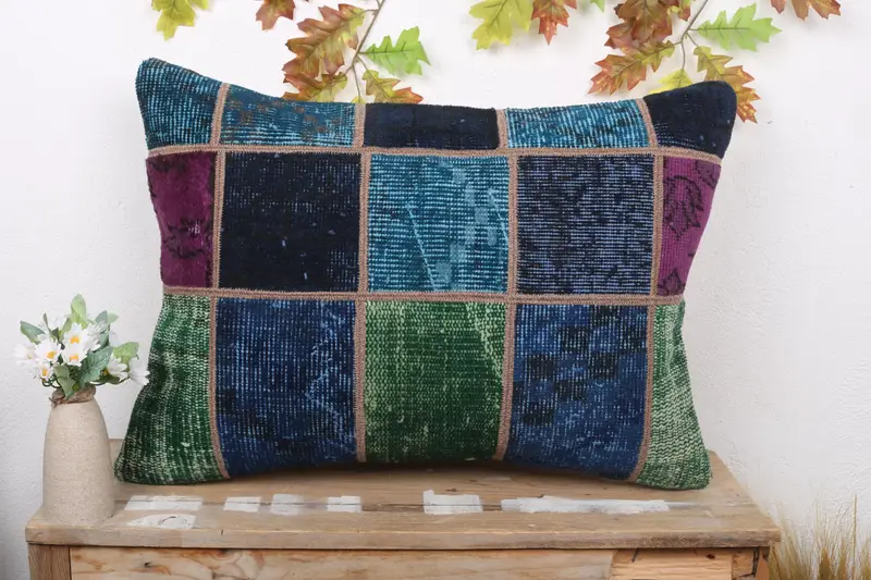 Embroidered Blue & Green Patchwork Throw Pillow, Handmade Vintage Cushion