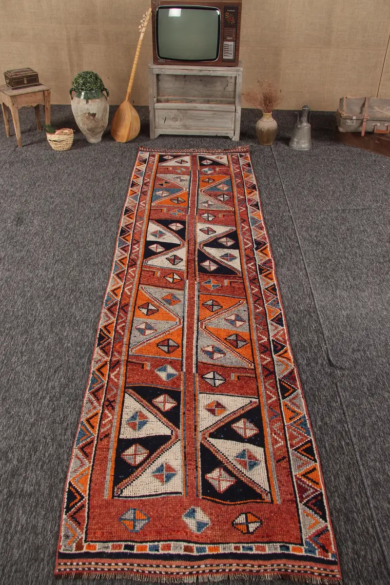 Vintage Türk Yolluk Halısı 3.1x11.4 ft, Herki Kırmızı Yün Halı - 1