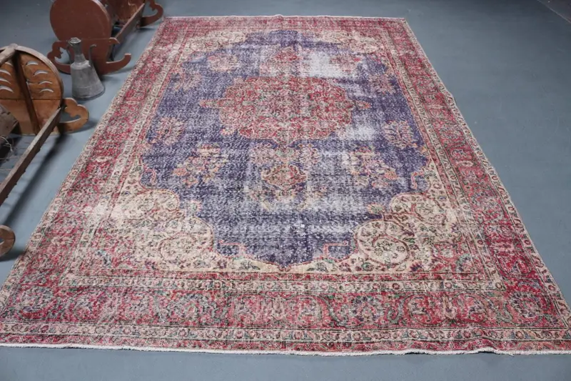 6.9x10.6 ft Vintage Türk Halısı, Büyük Boy Halı, Oushak Kırmızı Yün Halı - 1