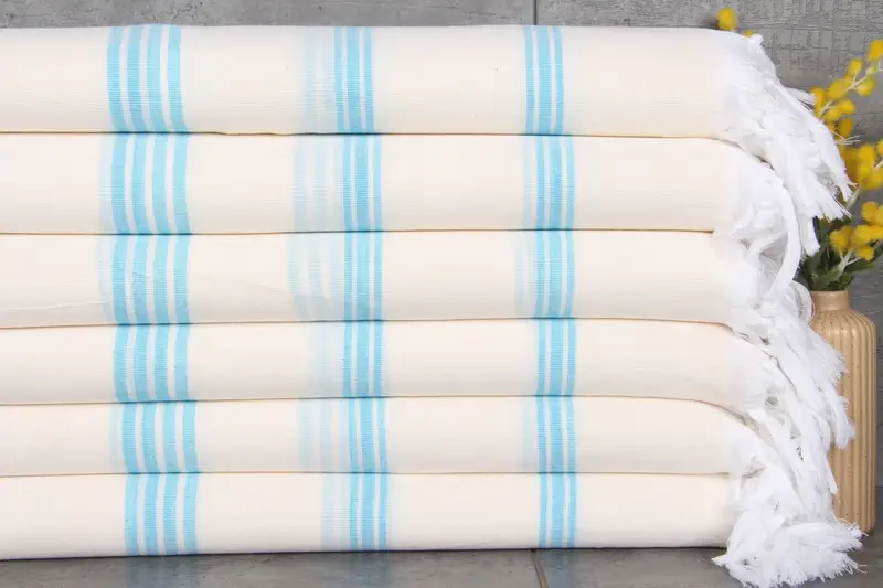 Turkish Beach Towel Turquoise Striped, Organic Cotton, 40x71 Inches
