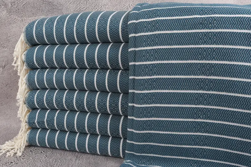 Türk Hamam Havlusu, Petrol Mavi Çizgili Peştemal, 40x71 İnç
