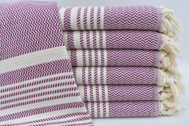 Damson Striped Beach Towel, Organic Cotton, Purple & White, 70x40 Inches
