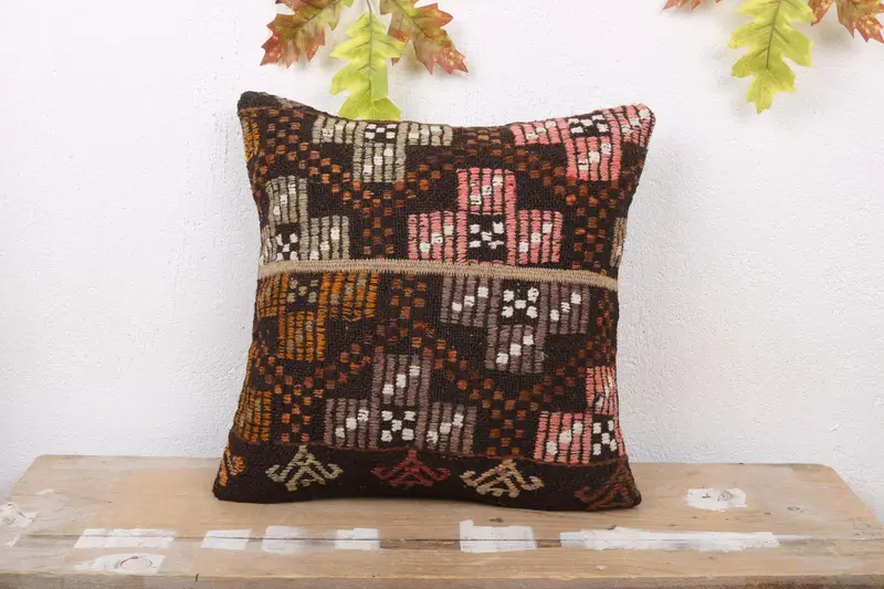 Braunes und orangefarbenes Patchwork-Wurfkissen, 16x16 besticktes Vintage-Kissen