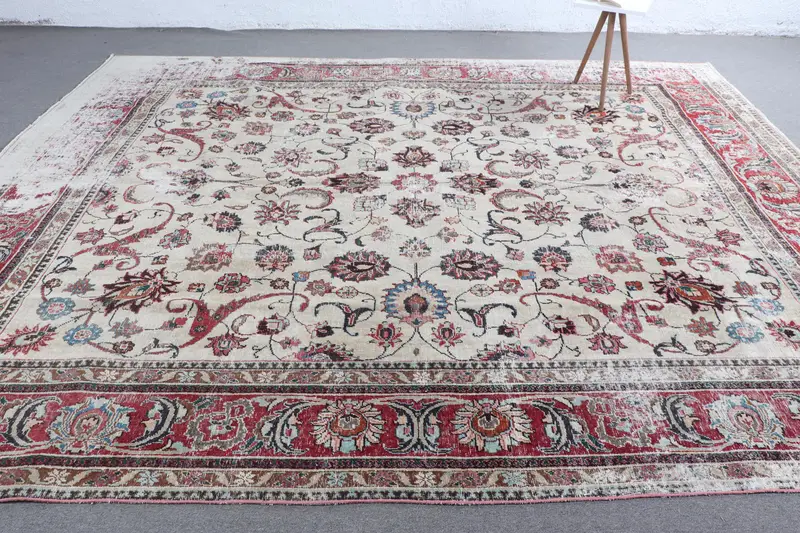 El Yapımı 0,8x11,6 ft Kırmızı Güneybatı Desenli Bej Halı, Benzersiz Tasarım