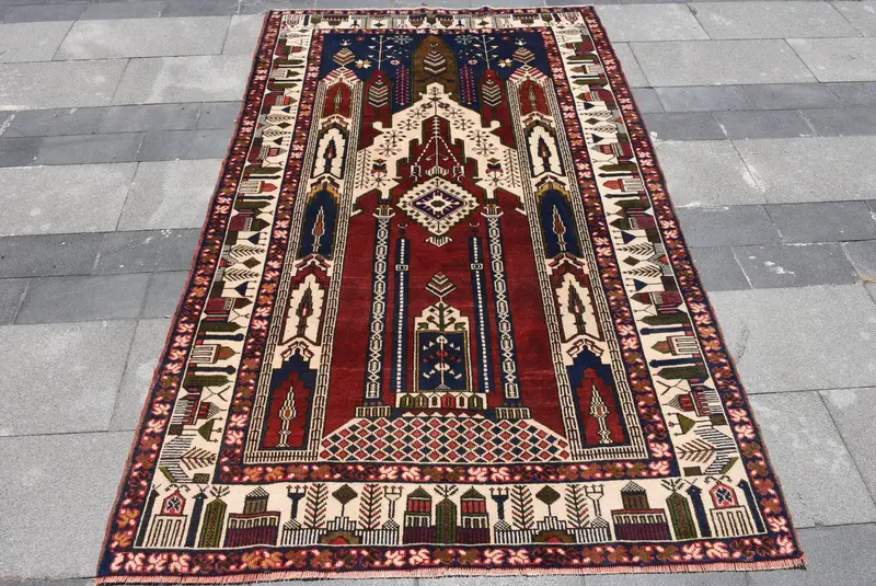 Vintage Teppich, 4,2x7,1 ft Flächenteppich, roter türkischer Patchwork-Wollteppich - 1
