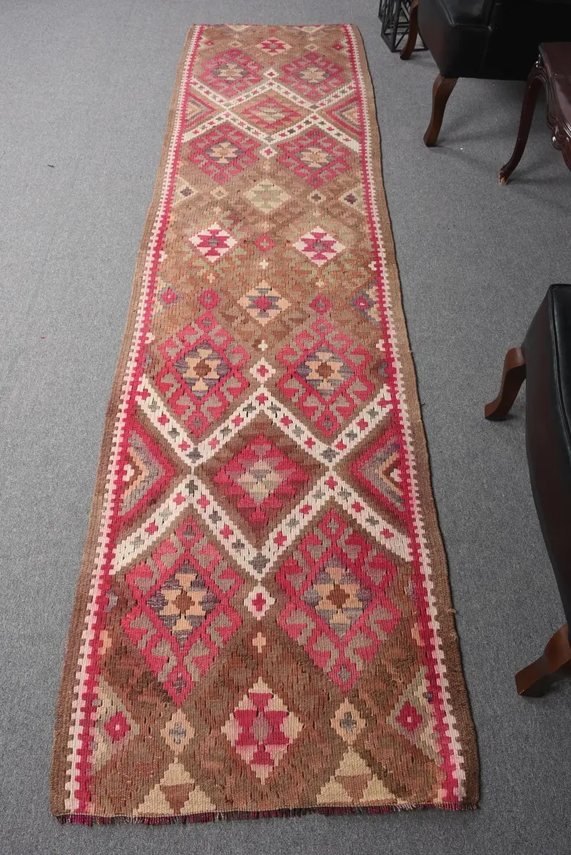 Alfombra hecha a mano de 8x10,4 pies, estampado de plantas en marrón y rosa