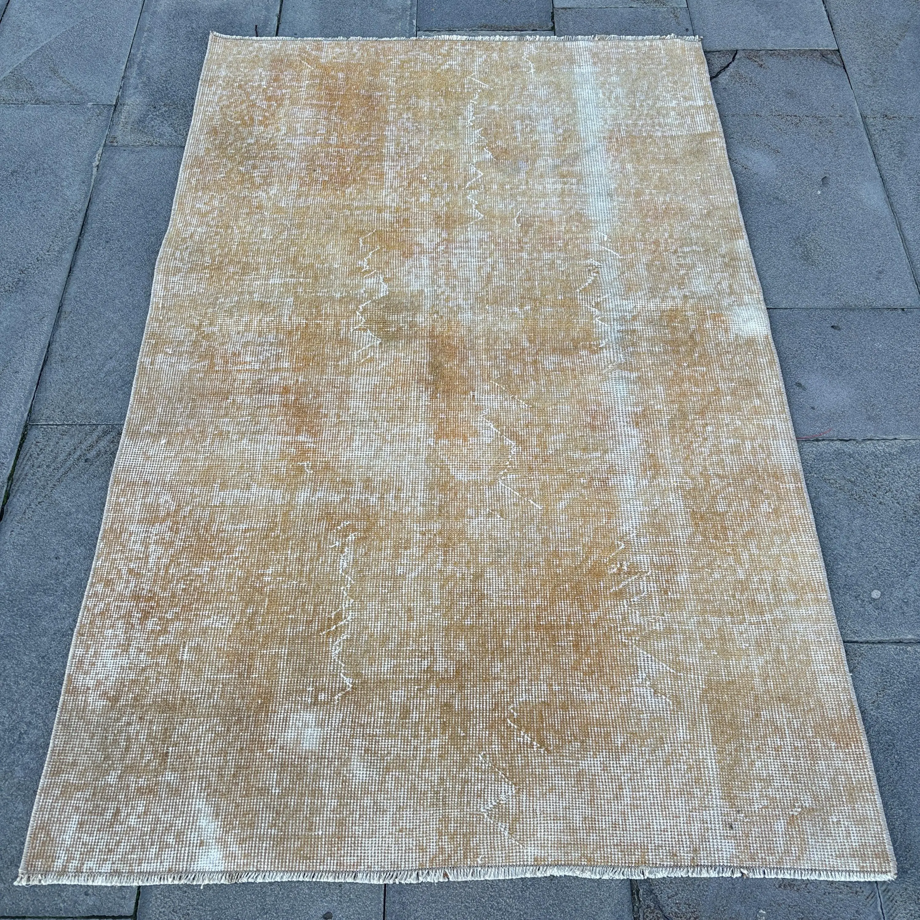 3.5x5.4 ft Türk Halısı, Kahverengi Çiçekli Vintage Yün Halı - 1