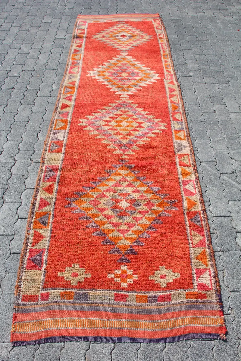 Vintage Türkischer Teppich 3,1x11,5 ft (95x350 cm), Herki Rot Orange Ikat Teppich - 1