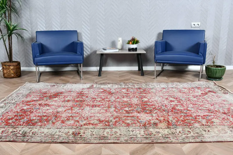 5.6x9 ft Vintage Oushak Halı, Türk Halısı, Kırmızı Katı Yün Halı - 1