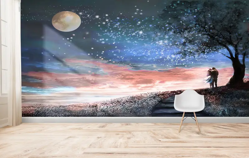 Sevgililer Günü için Romantik Mehtaplı Gece Manzarası Baskılı Duvar Kağıdı