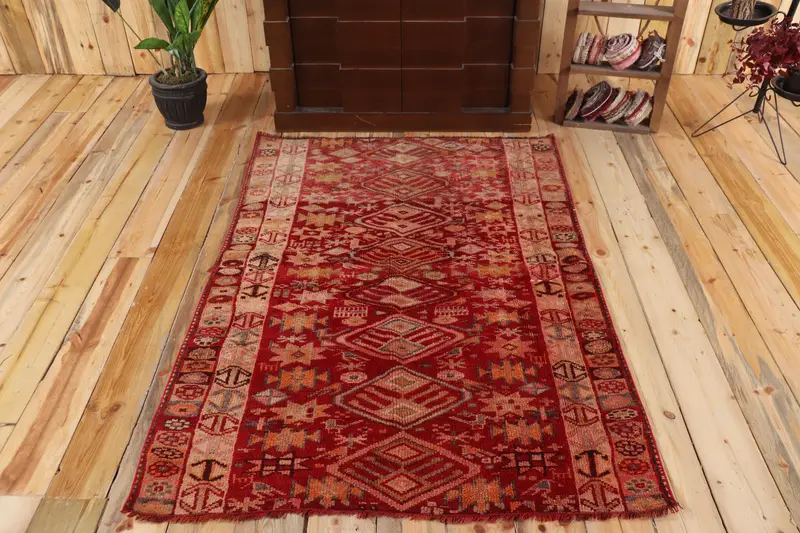 3.8x5.4 ft Halı, Türk Vintage Halısı, Kırmızı Herki Yün Halı - 1