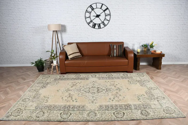 Turkish Rug, 6.4x9.3 ft Large Rug, Beige Oriental Wool Vintage Rug - 1