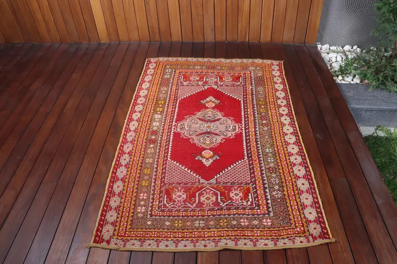 Türk Vintage Halısı, 2.8x5.1 ft Oushak Halısı, Kırmızı Güneybatı Yün Halısı - 1