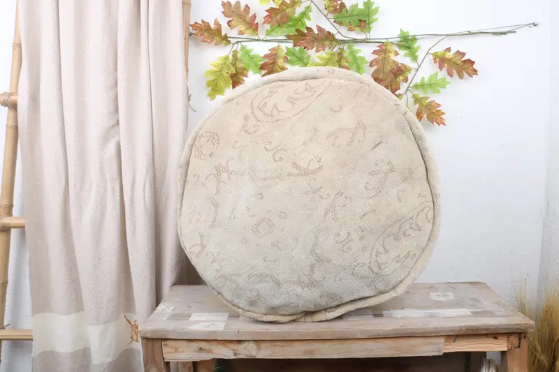 Beige Kilim Pouf Ottoman, Handmade Wool Storage Pouf