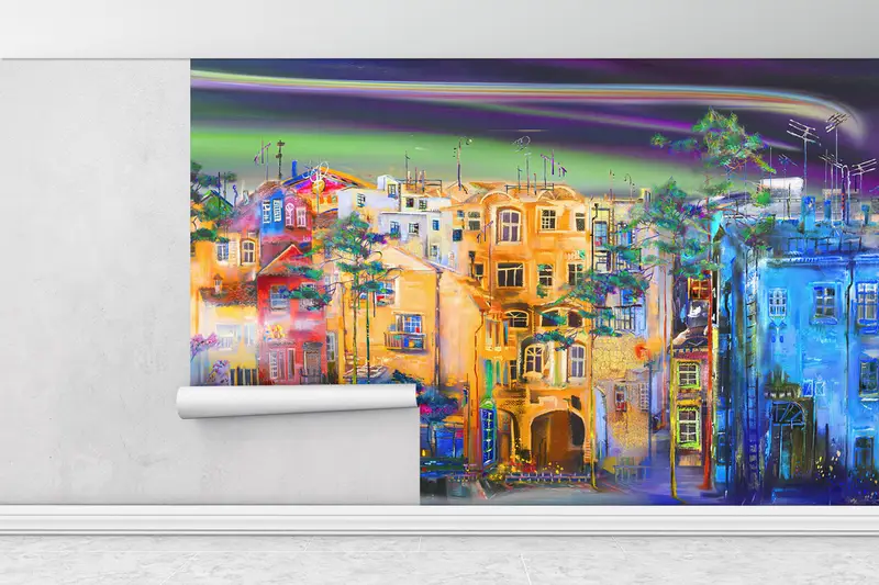 Cityscape Painting Digital Paper, City Landscape Mural, Street Silhouette Painting Wall Decor, Landscape Wall Painting, - 1
