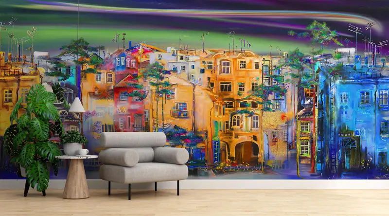 Cityscape Painting Digital Paper, City Landscape Mural, Street Silhouette Painting Wall Decor, Landscape Wall Painting, - 4