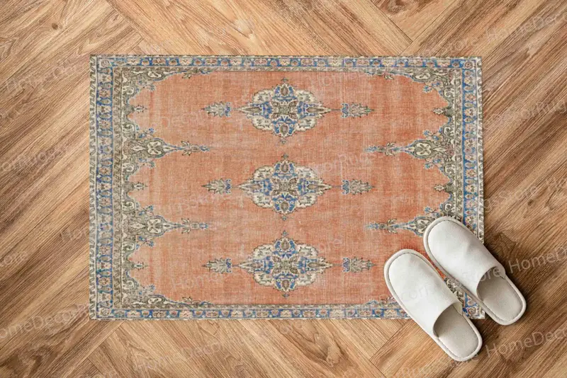 Teppich mit Küstenblumenmuster: Tropisches Orange- und Blaudesign