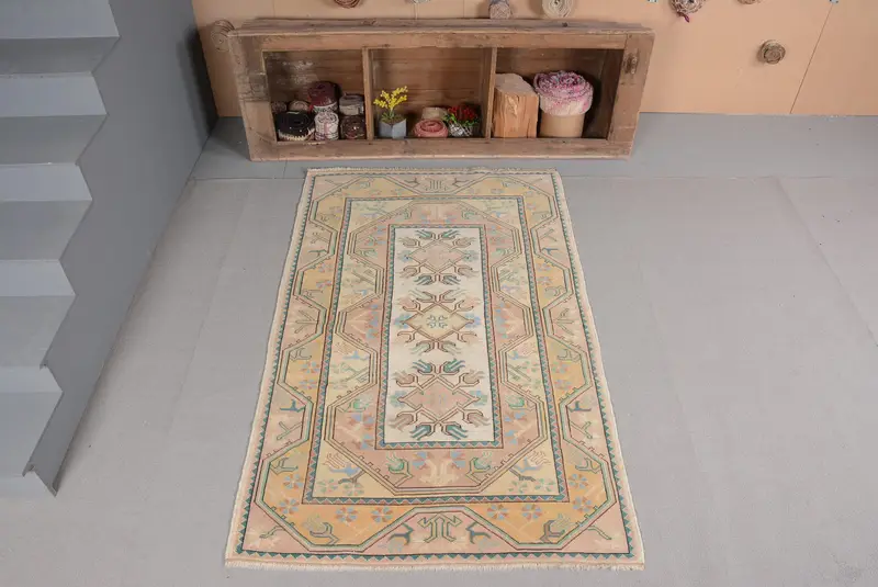 Vintage Türk Halısı, 3.8x6.2 ft Küçük Halı, Yeşil Bej Geometrik Halı - 1