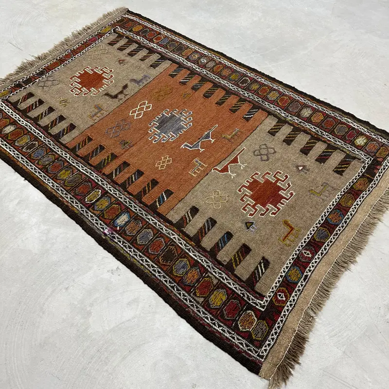 Vintage Kilim Rug 3.5x5.3 ft, Brown Red Ombré Wool Turkish Rug - 1