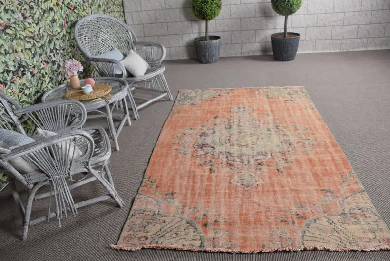 Vintage Turkish Rug, Area 4.6x7.8 ft (141x237 cm) Rug, Orange Bordered Wool Rug - 1