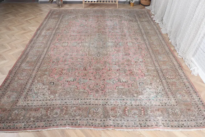 Alfombra rosa hecha a mano con borde verde, 0,8x12,6 pies