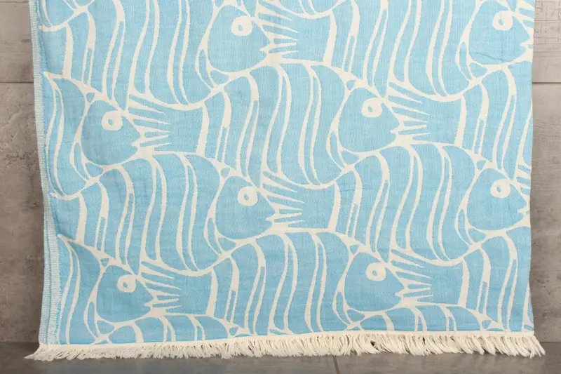 Dark Turquoise Cotton Blanket Fish Design, Woven, Shibori, 60x71 Inches