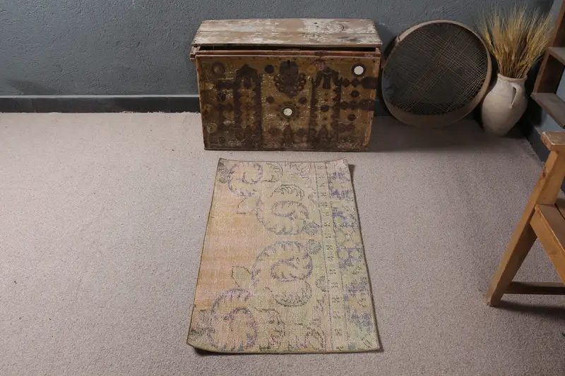 Orangefarbener und blauer Patchwork-Teppich, 61 x 91 cm, lebendiges Dekor