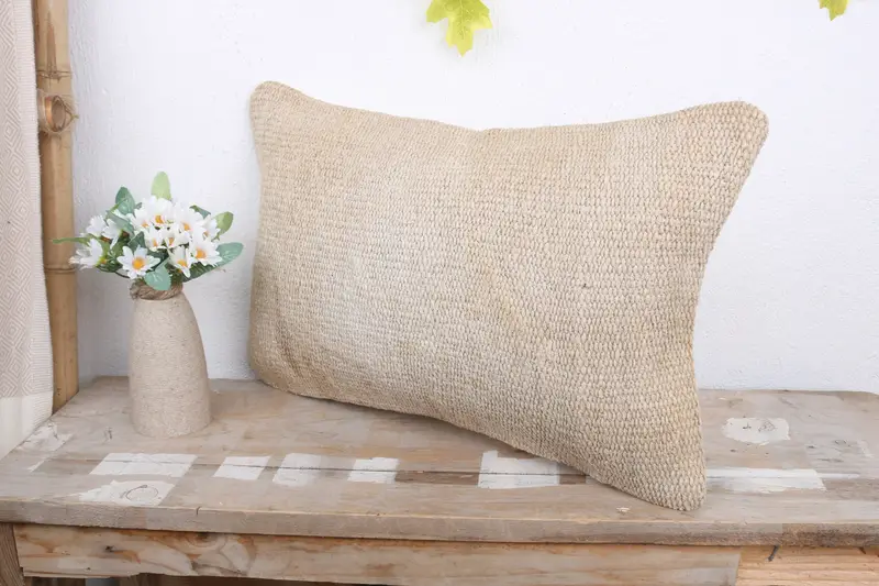 Turkish Pillow, Kilim Pillow, Handwoven Cushion Cover, 12x20 White Cushion Case, Ethnical Kilim Rug Pillow, Pillow Sham, Handmade Pillow - 4