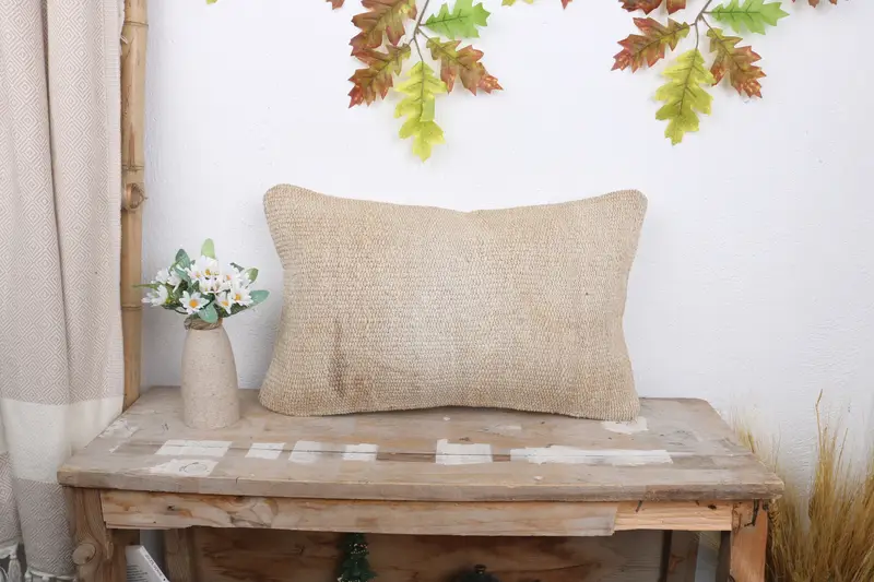 Turkish Pillow, Kilim Pillow, Handwoven Cushion Cover, 12x20 White Cushion Case, Ethnical Kilim Rug Pillow, Pillow Sham, Handmade Pillow - 1