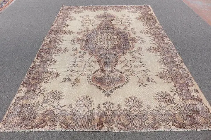 Türk Vintage Halısı 6.3x9.6 ft, Kahverengi Bordürlü Yün Halı - 1