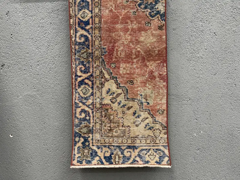 1.5x2.9 ft Vintage Small Rug, Red Blue Turkish Abstract Wool Rug - 1