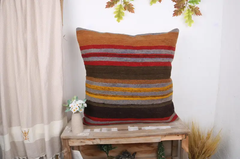 Cozy Throw Pillow, Antique Pillows, Traditional Pillow Case, Vintage Kilim Throw Pillow, 28x28 Brown Cushion Case, Pillow, Ethnical Kilim Rug Pillow - 1